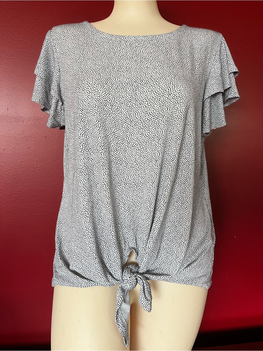 Like New Adrianna Papell Black Dot Tie-Front Flutter Sleeve Top